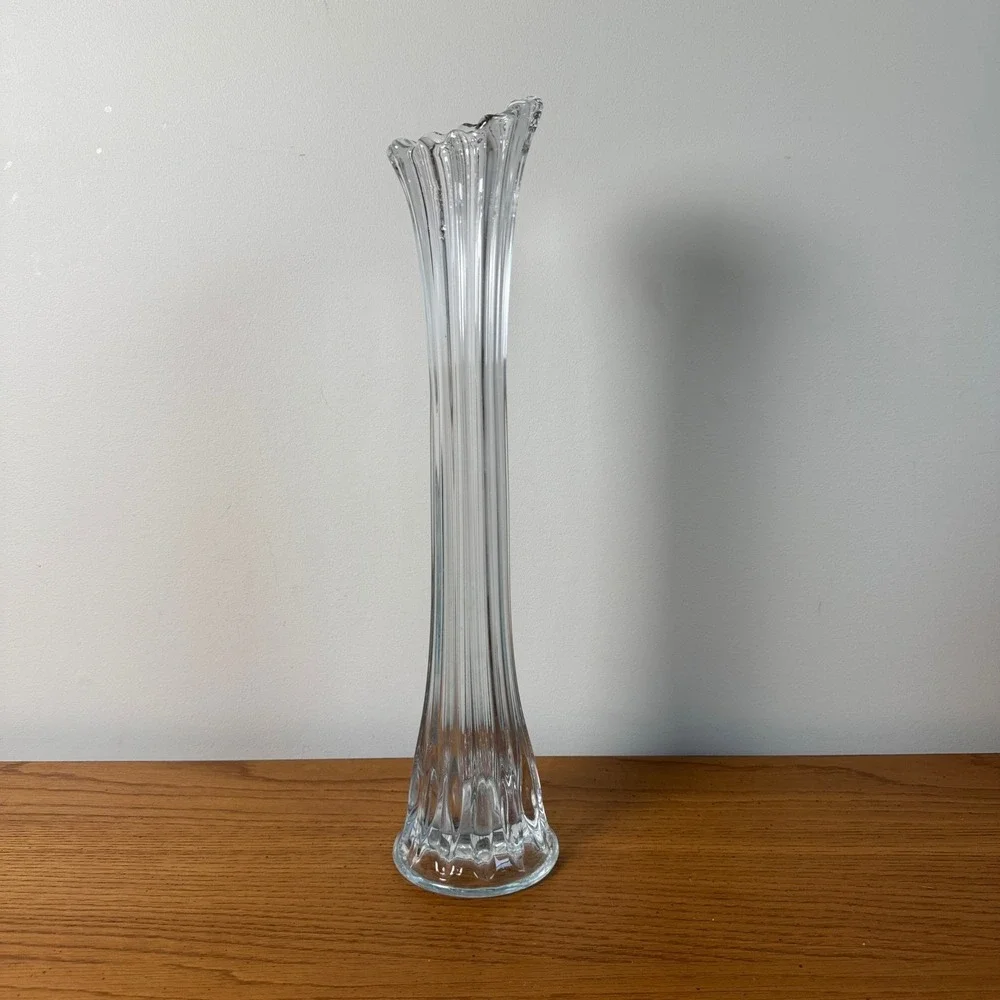Hoosier Tall‎ Clear Ribbed Glass Vase Trumpet Flower Bud Vase Home Decor Accent